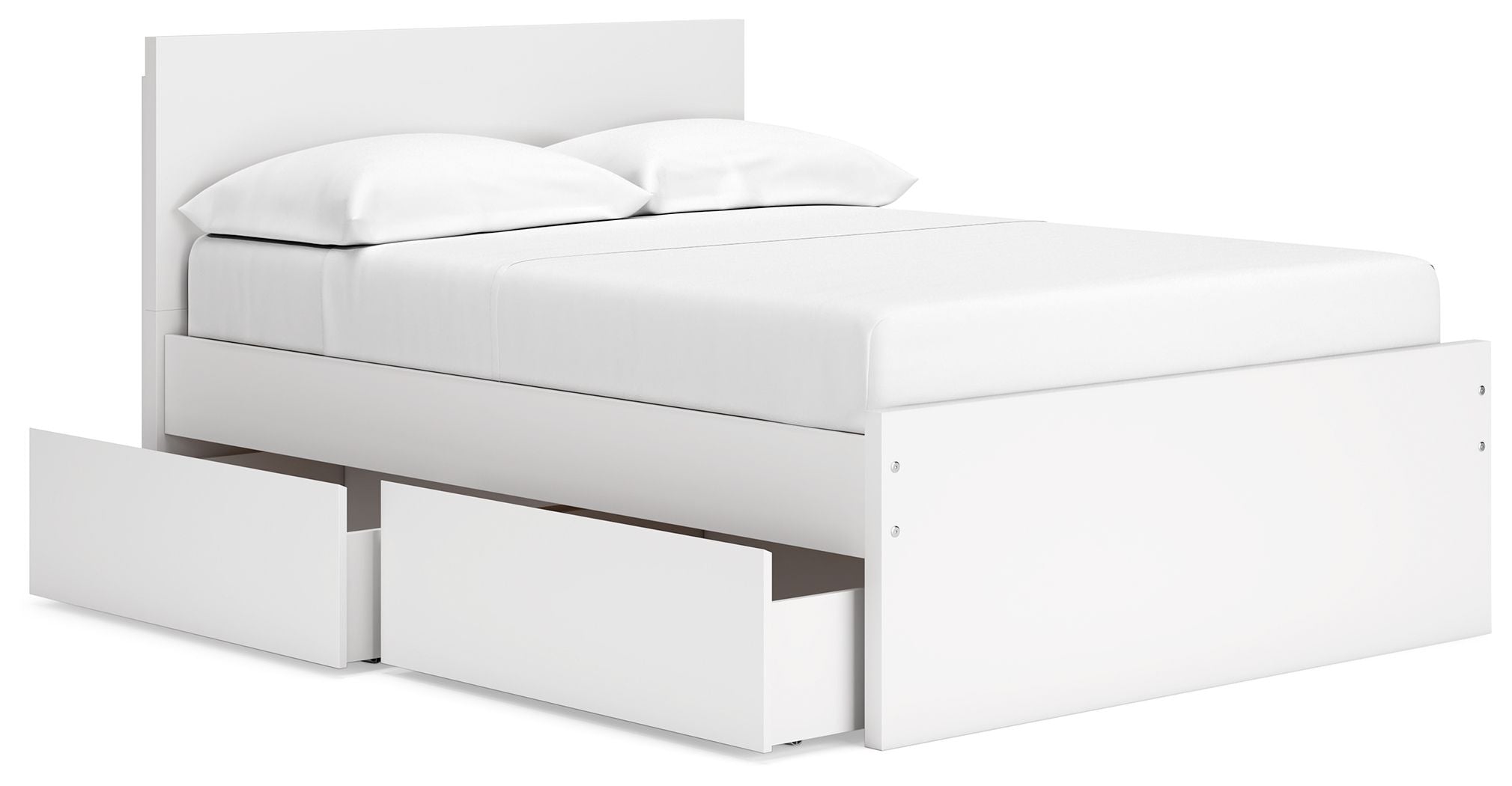 White panel platform bed with headboard and under-bed storage drawer.