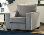 Light gray upholstered arm chair with tall backrest, padded arms, and tuft-free seat