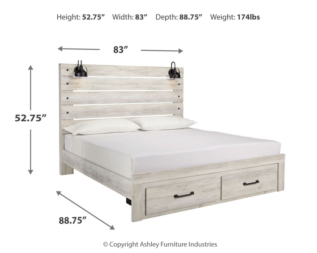 Beige panel bed with paneled headboard, white mattress, and two front drawers