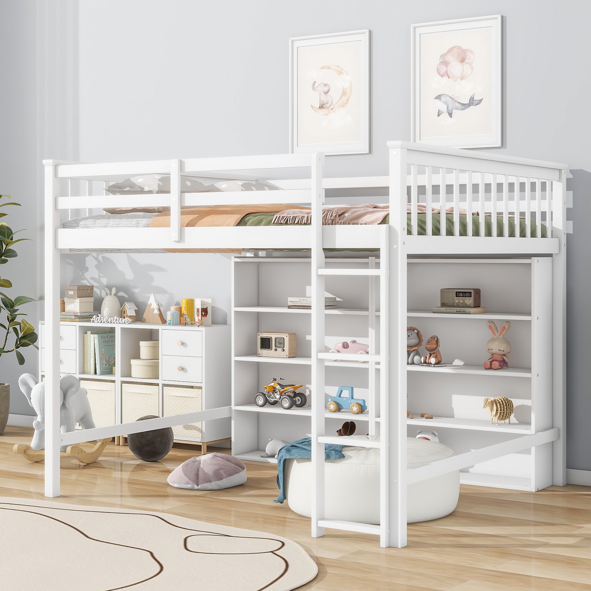 Full Size Loft Bed with 8 Storage Shelves & Built-in Ladder - Antique White