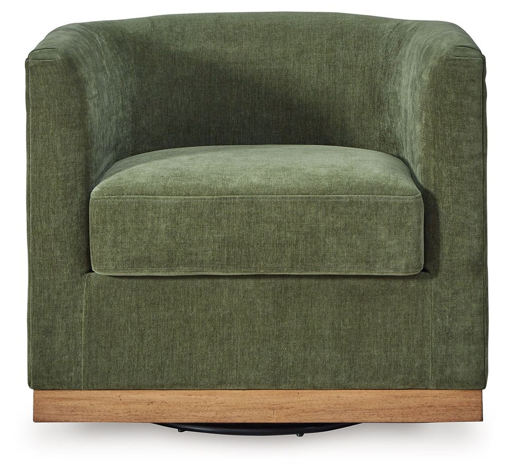 Forest green upholstered swivel chair with curved back, wide seat, and light wood base