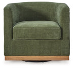 Forest green upholstered swivel chair with curved back, wide seat, and light wood base