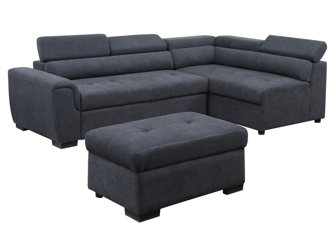 Haris - Fabric Sleeper Sofa Sectional With Adjustable Headrest And Storage Ottoman - Dark Gray