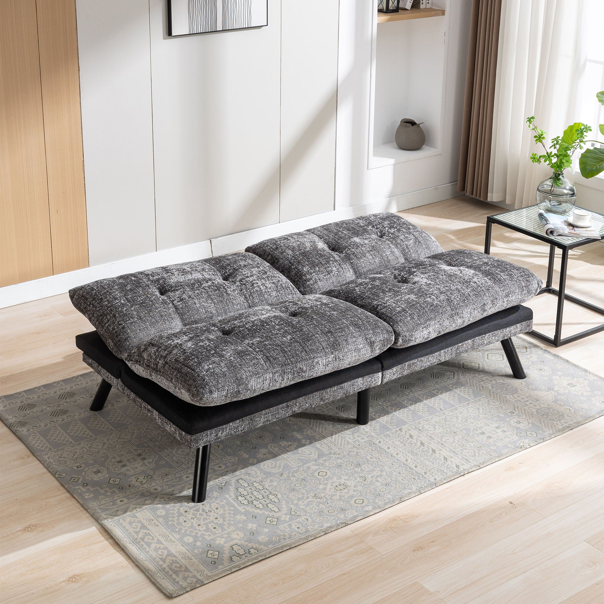 Convertible Sofa Bed Loveseat Futon Bed Breathable Adjustable Lounge Couch With Metal Legs, Futon Sets For Compact Living Space Chenille-Grey