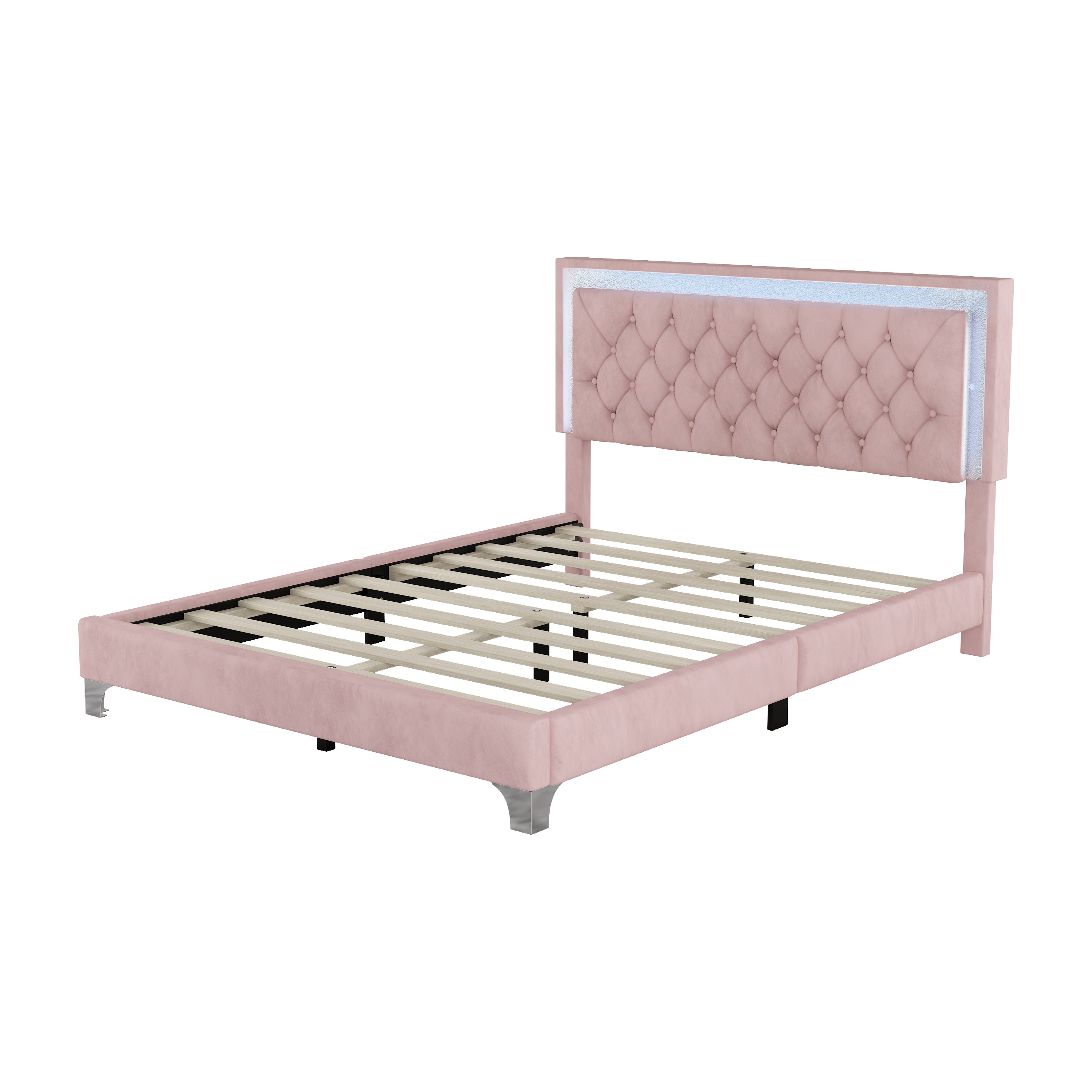 Pink Queen Upholstered Bed Set w/ LED Lights & Nightstands