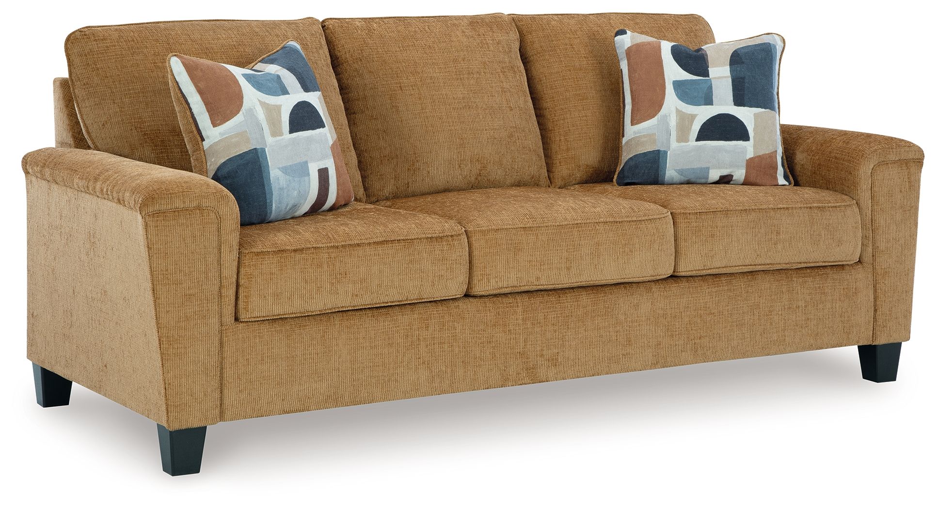 Beige sofa with three seat cushions and patterned throw pillows