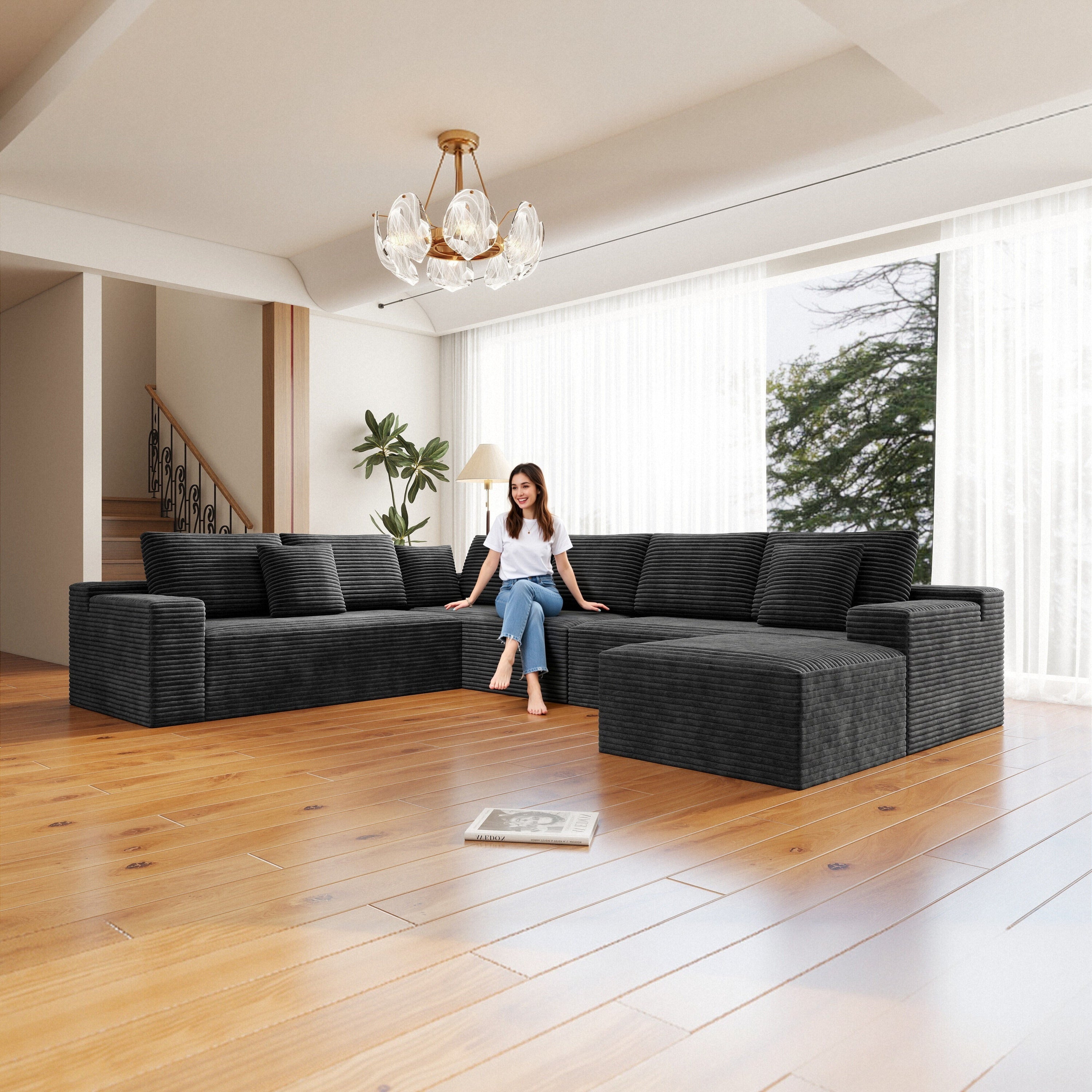 Grey Corduroy Modular Sectional Sofa, No Assembly Required