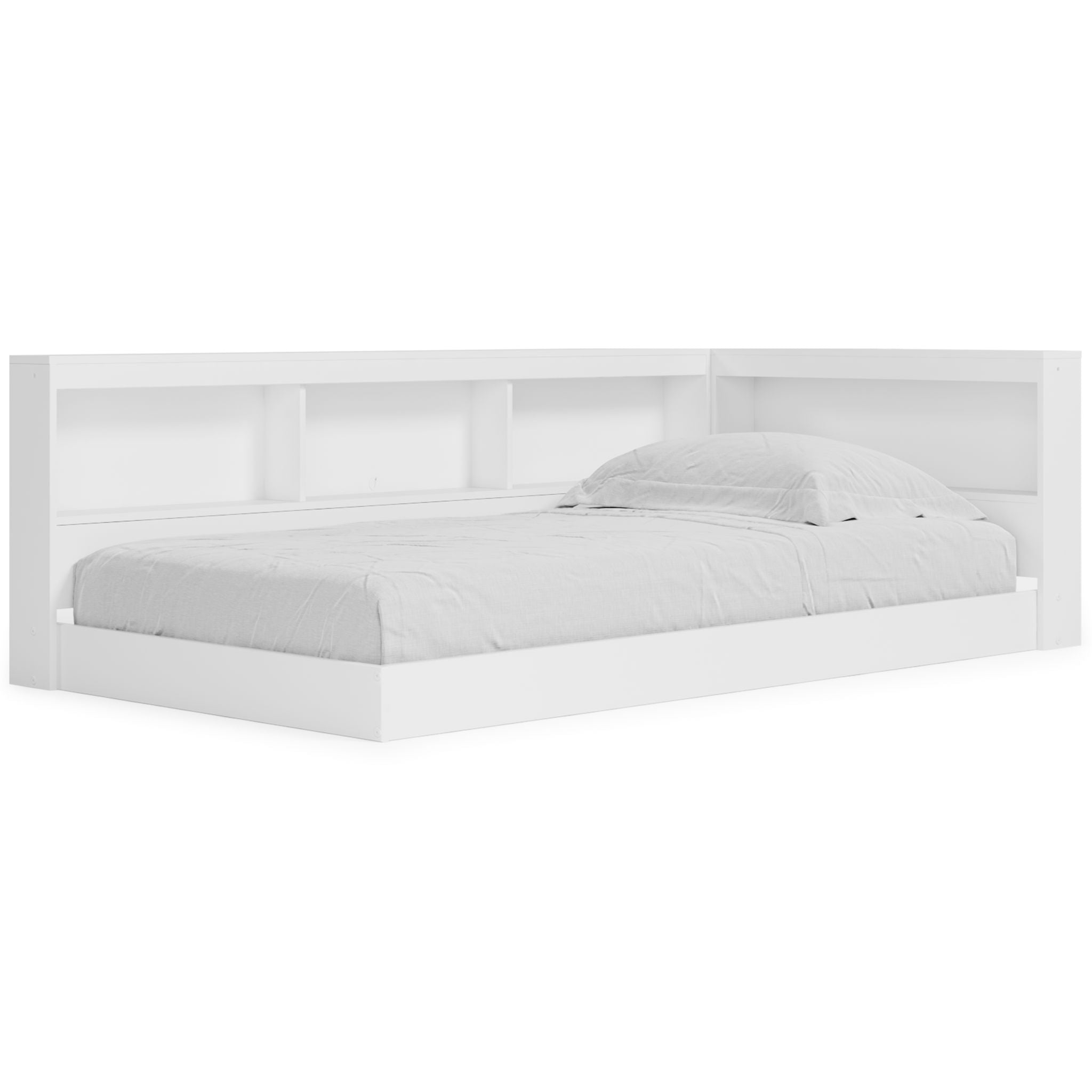 White storage bed with built-in bookcase headboard and side shelving, open cubbies
