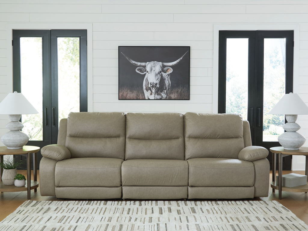 Pebble power reclining sectional sofa with three seat sections and padded arms