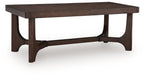 Dark brown rectangular cocktail table with curved lower frame and turned side legs