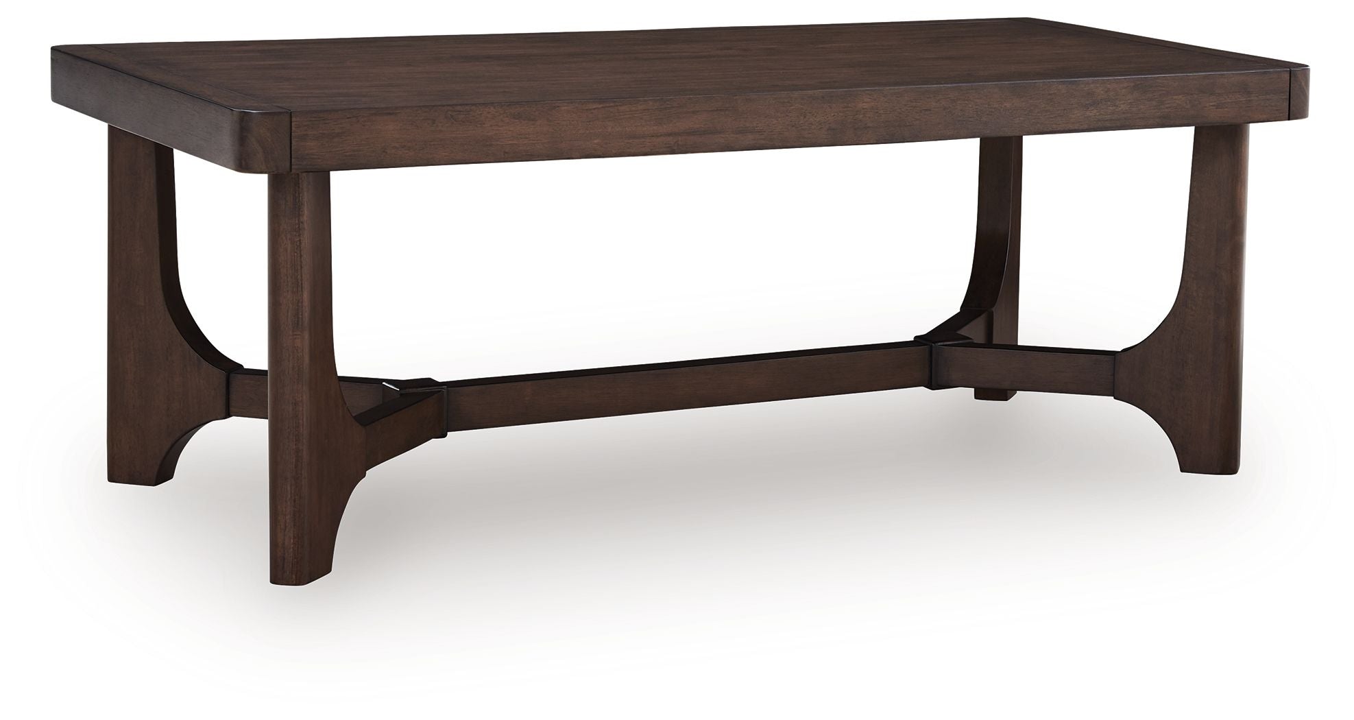 Dark brown rectangular cocktail table with curved lower frame and turned side legs