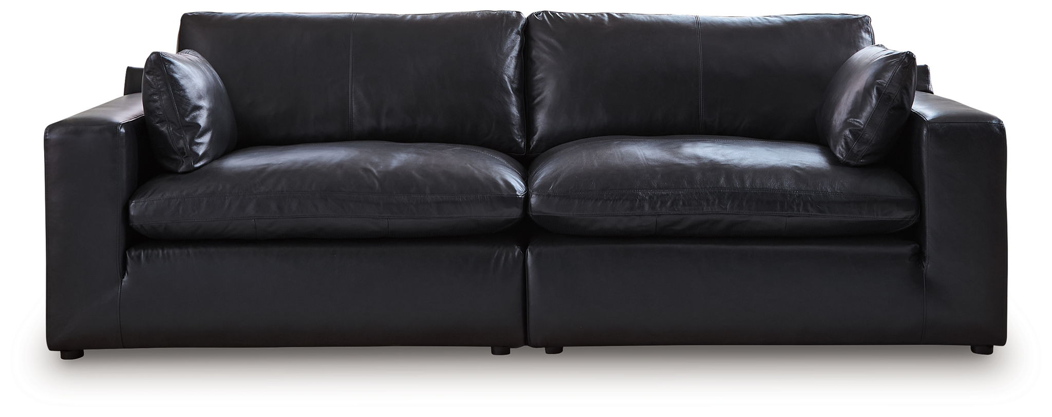 Black leather-look sectional sofa with two seat cushions and three back pillows