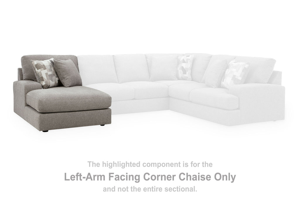 Smoke gray left-arm facing corner chaise connected to white sectional seating