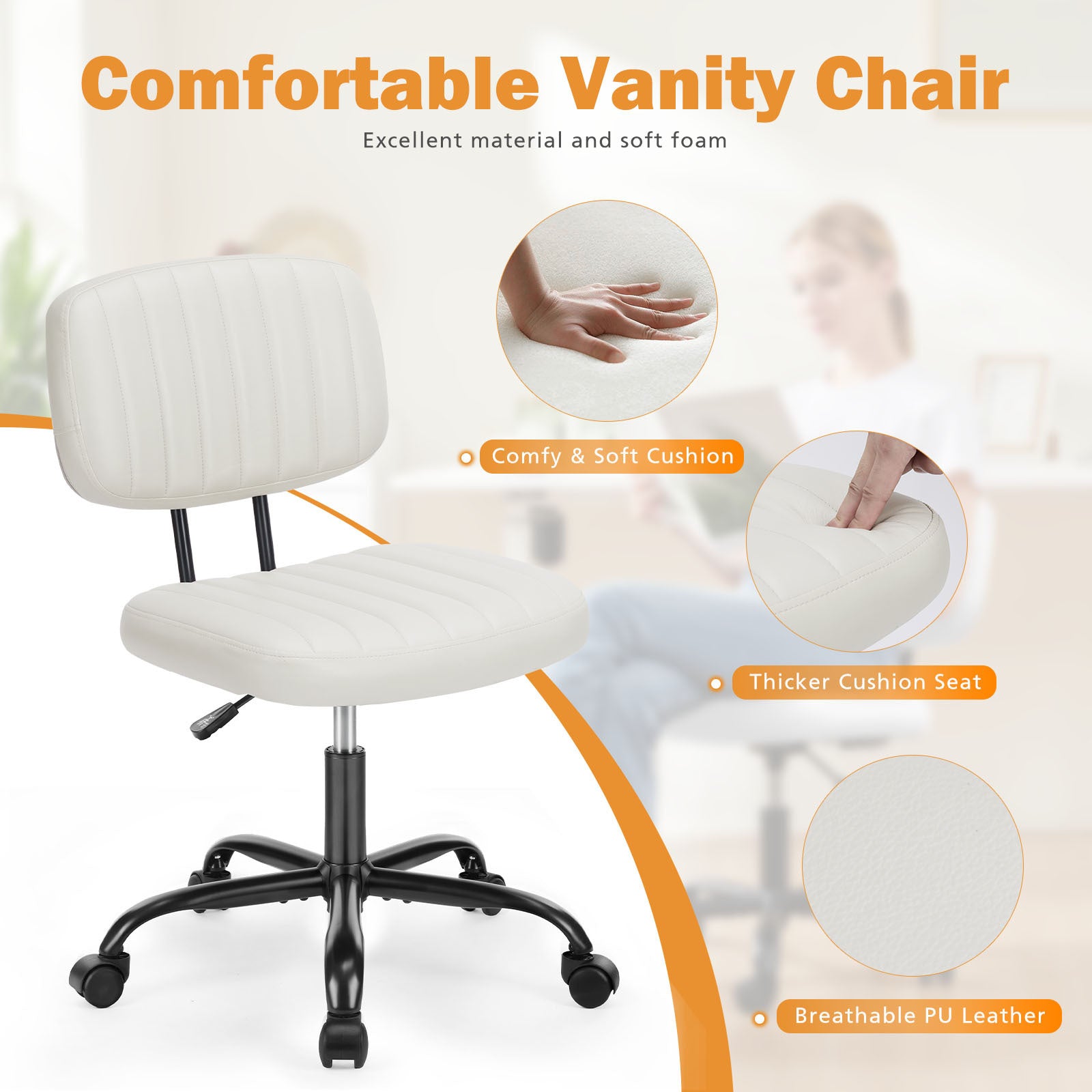 Low Back Task Chair, PU Leather- White