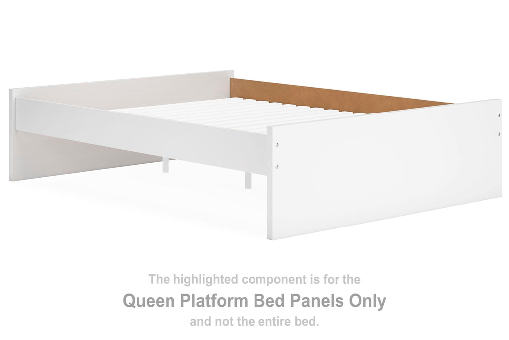 Queen platform bed panels, white, with side rails and center support legs.