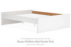 Queen platform bed panels, white, with side rails and center support legs.