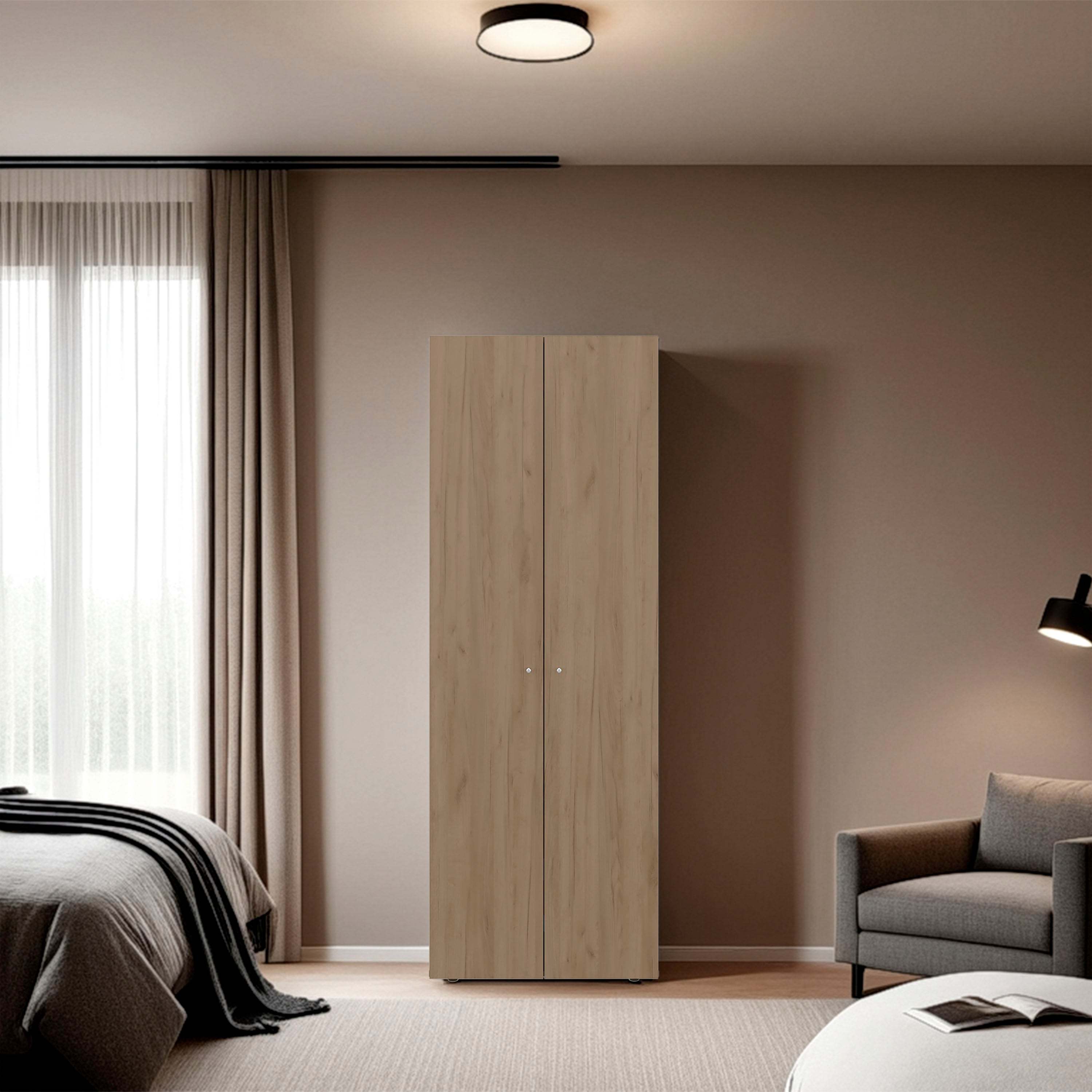 Natural Oak 2-Door Tall Wardrobe 4 Shelves Vertical Storage