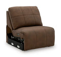 Russet armless power recliner with padded back, seat, and front control panel