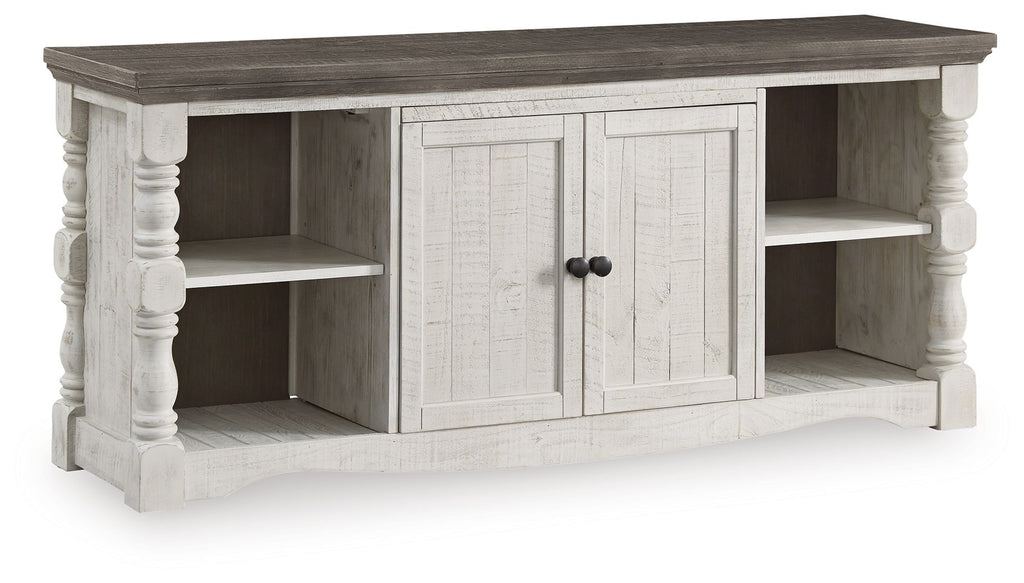 TV stand with two paneled doors, dark brown top, light beige frame and open side cubbies