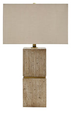 Beige table lamp with rectangular fabric shade and two-tier textured wood base