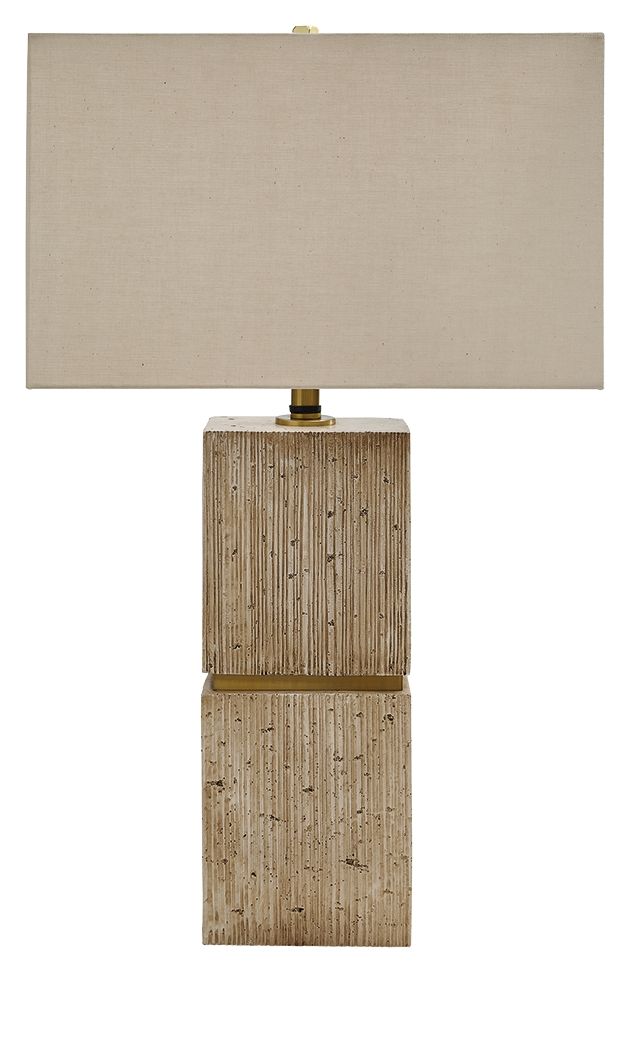 Beige table lamp with rectangular fabric shade and two-tier textured wood base