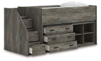 Gray loft bed with storage steps, drawer front panels, and open cubbies on the right