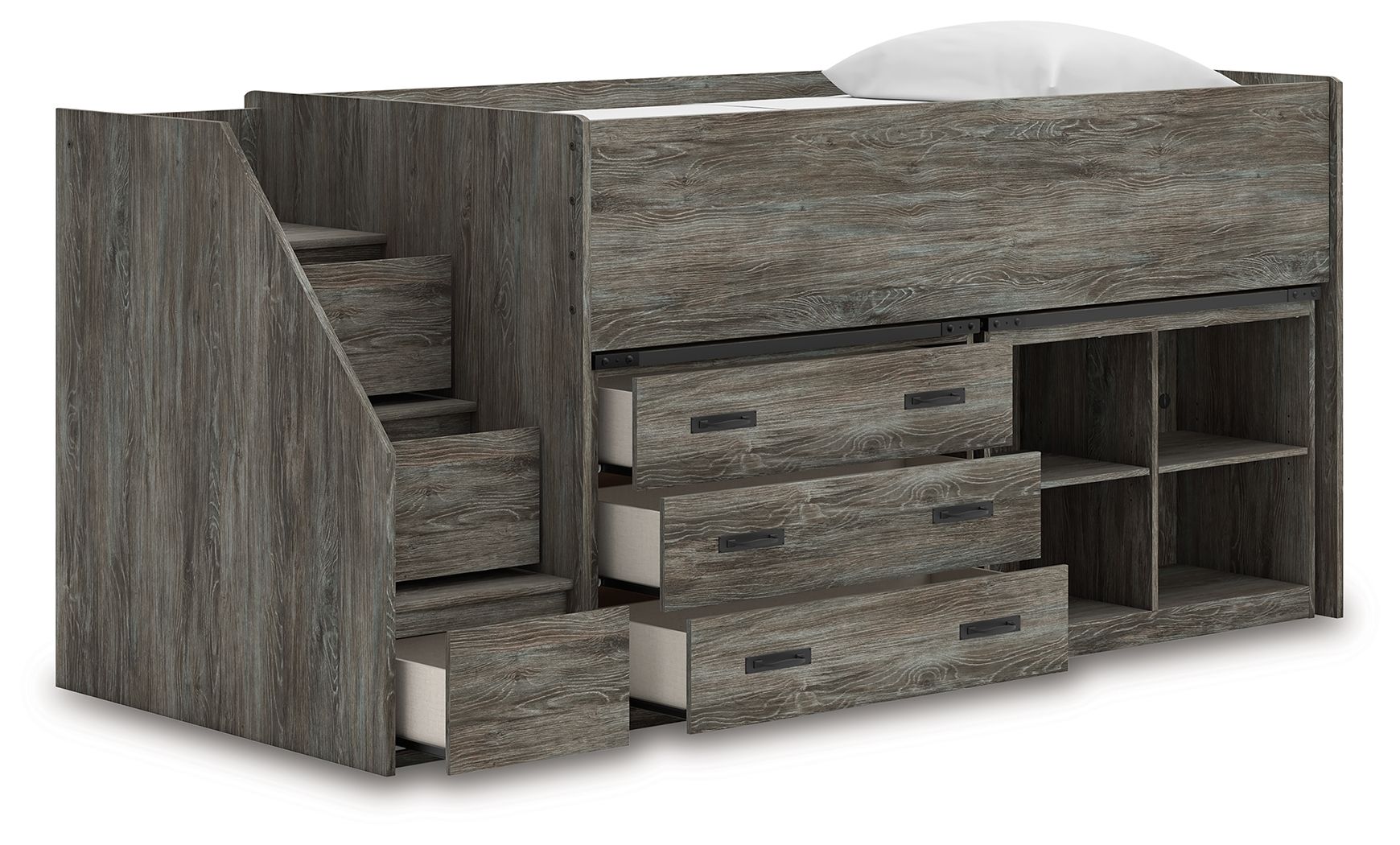 Gray loft bed with storage steps, drawer front panels, and open cubbies on the right