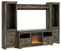 Dark brown 4-piece entertainment center with TV stand and fireplace insert, glass shelves