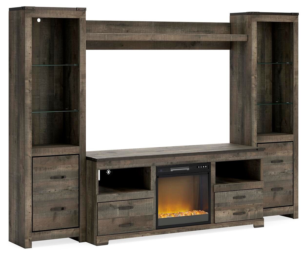 Dark brown 4-piece entertainment center with TV stand and fireplace insert, glass shelves