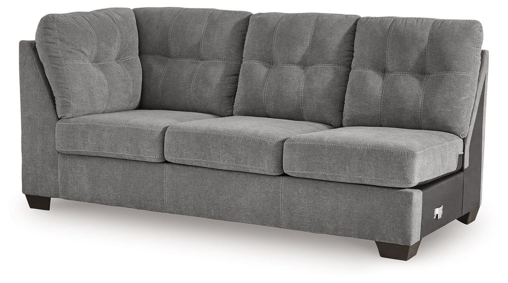 Gray upholstered LAF sofa with tufted back, square arms, and dark feet
