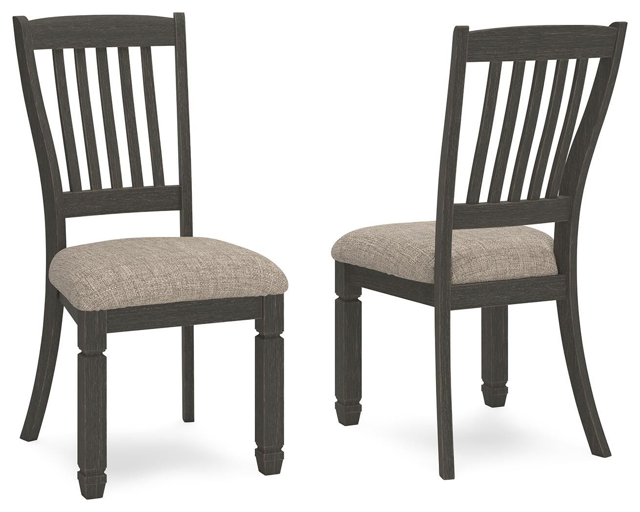 Set of 2 slatback dining side chairs with beige upholstered seats and dark wood frames