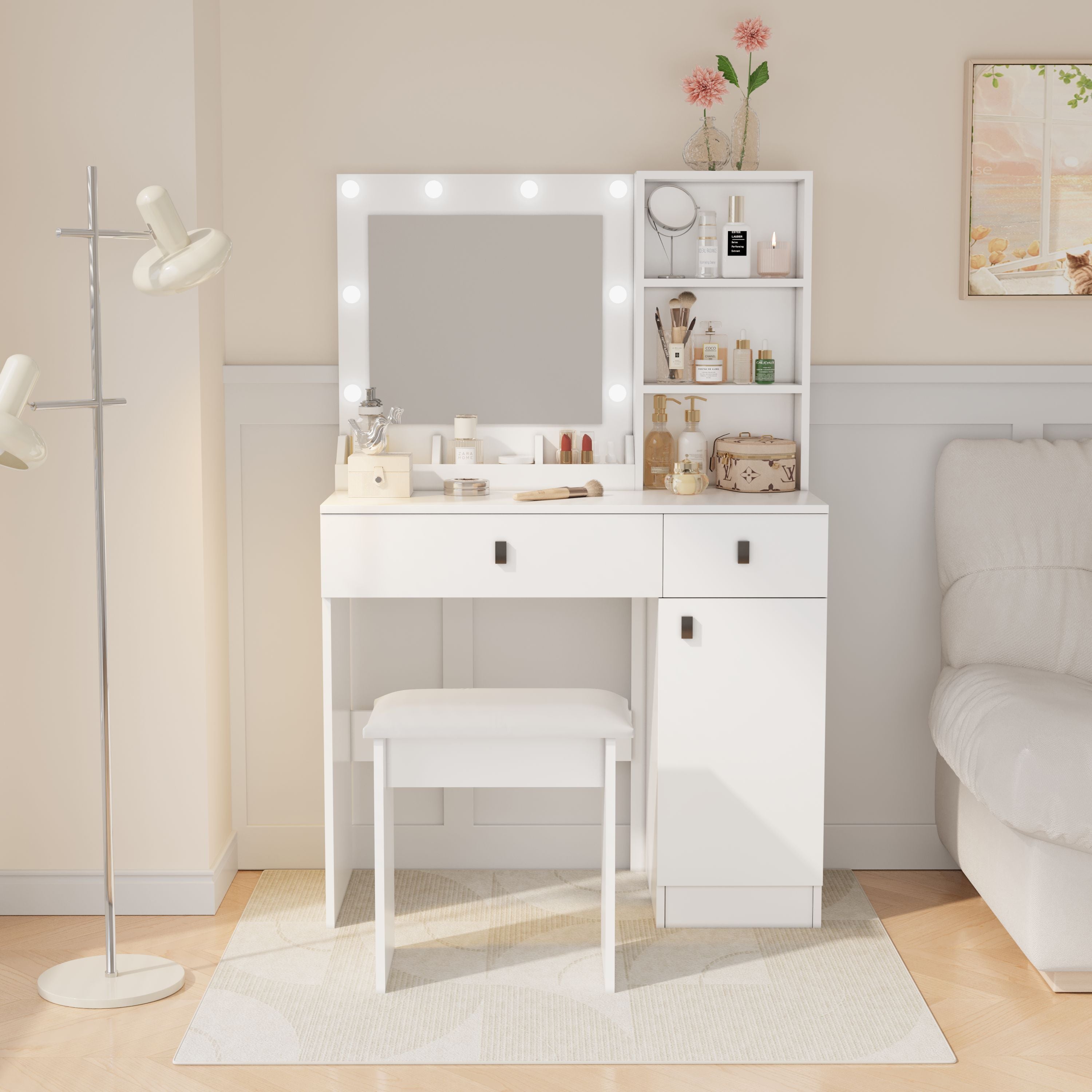 White Vanity Desk with Lights, Mirror & Drawers - 3-Level Storage