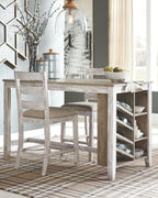 Rectangular counter table with open storage shelves and two-tone barstool with beige seat