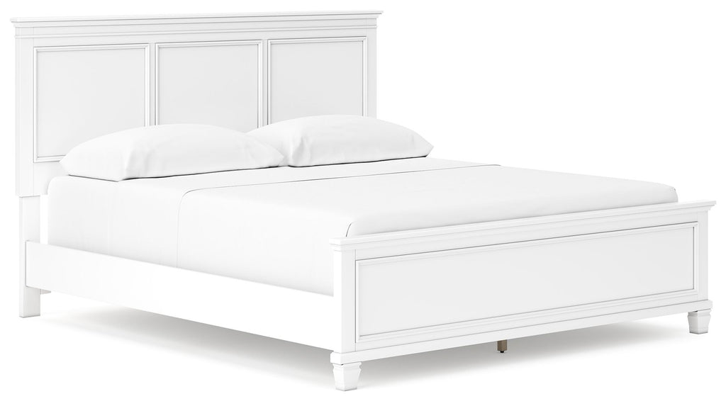 White panel bed with paneled headboard and storage drawers integrated into the base