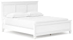 White panel bed with paneled headboard and storage drawers integrated into the base
