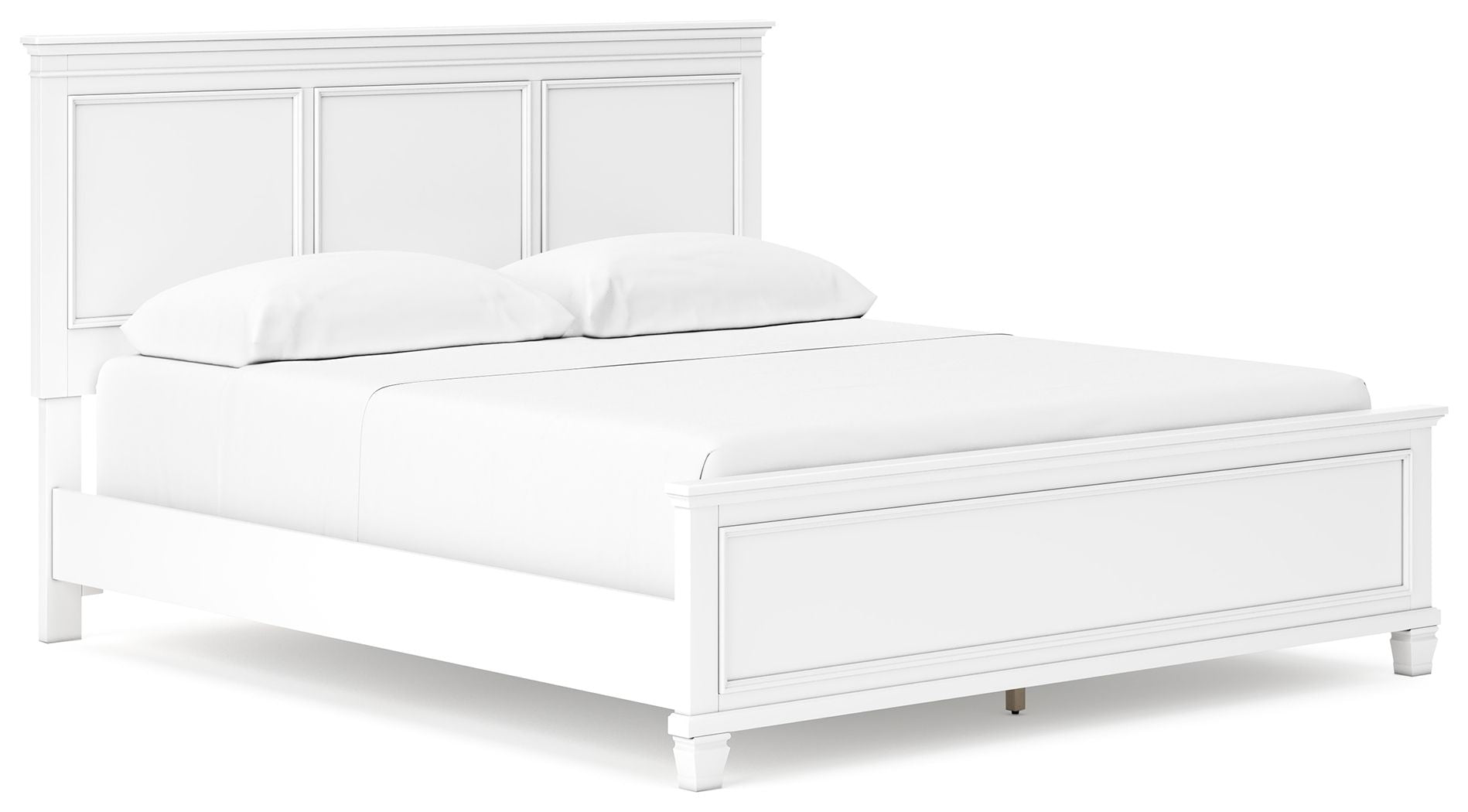 White panel bed with paneled headboard and storage drawers integrated into the base
