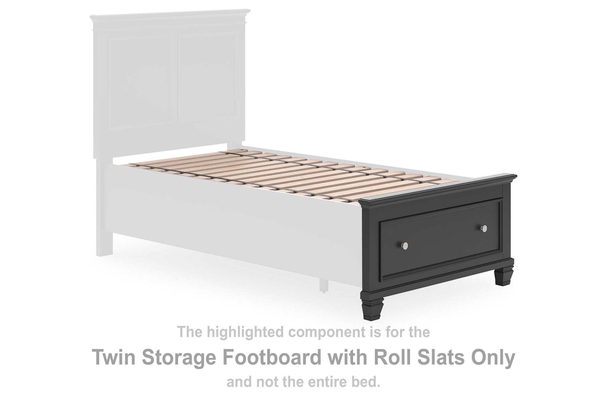 Black twin storage footboard with roll slats and two drawer fronts