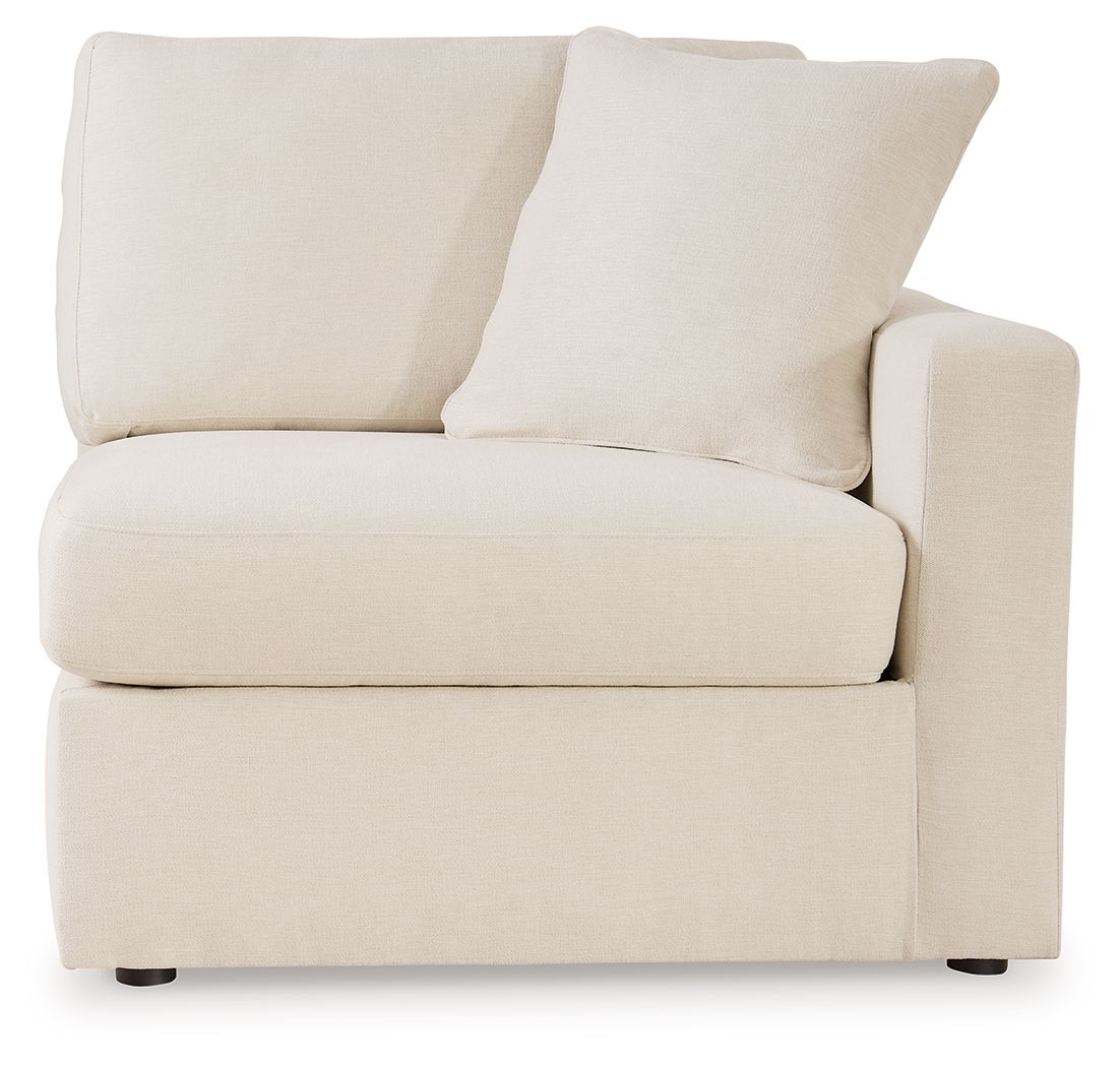 Oyster corner chair with tall backrest, wide arms, and plush seat cushion
