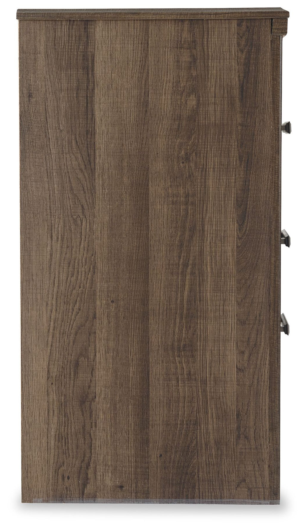 Juararo two-drawer night stand, dark brown side view with metal handles