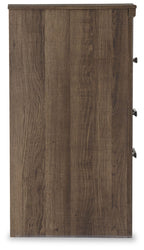 Juararo two-drawer night stand, dark brown side view with metal handles