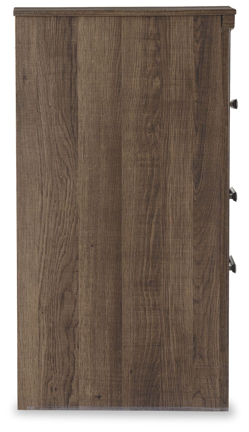 Juararo two-drawer night stand, dark brown side view with metal handles