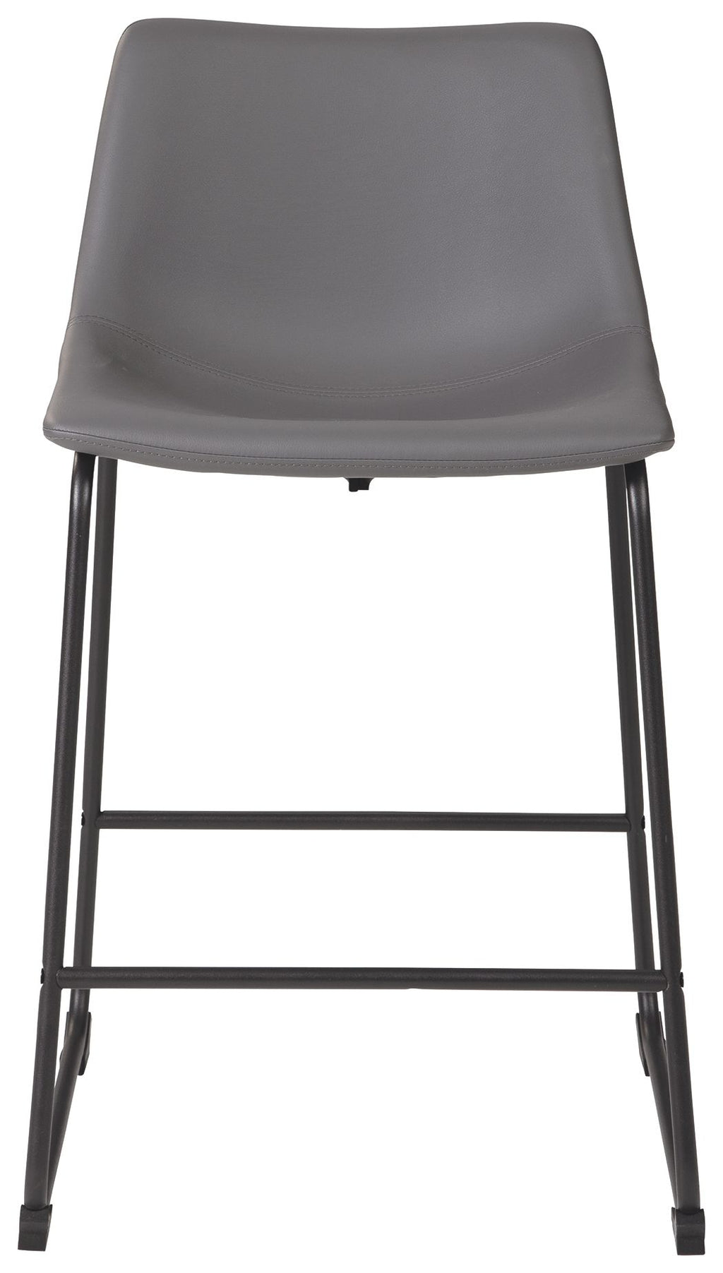 Gray upholstered barstool with curved seat and back, black metal frame