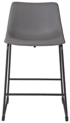 Gray upholstered barstool with curved seat and back, black metal frame