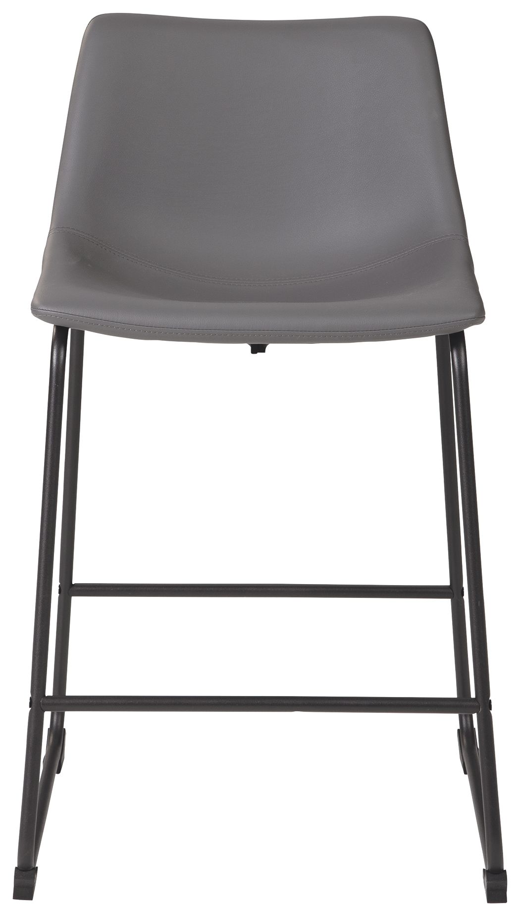 Gray upholstered barstool with curved seat and back, black metal frame