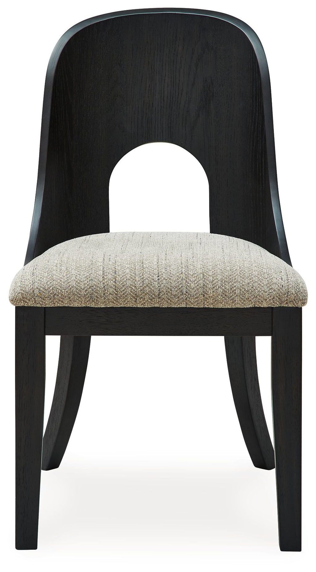 Dining side chair with beige upholstered seat and dark arched back, armless