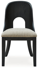 Dining side chair with beige upholstered seat and dark arched back, armless