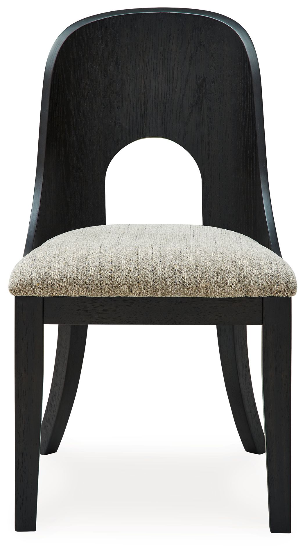 Dining side chair with beige upholstered seat and dark arched back, armless