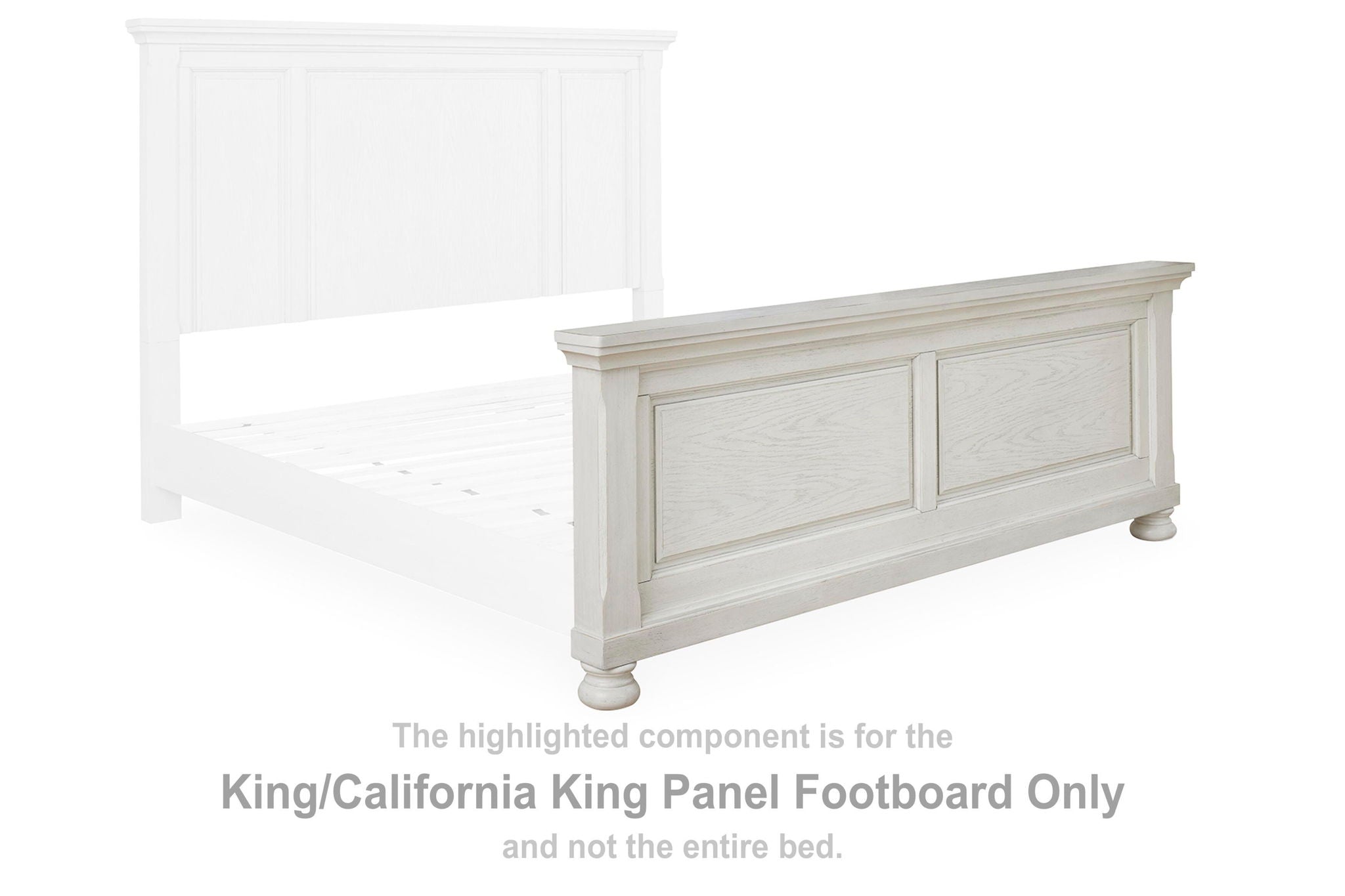Antique white panel footboard with rectangular raised panels and low legs