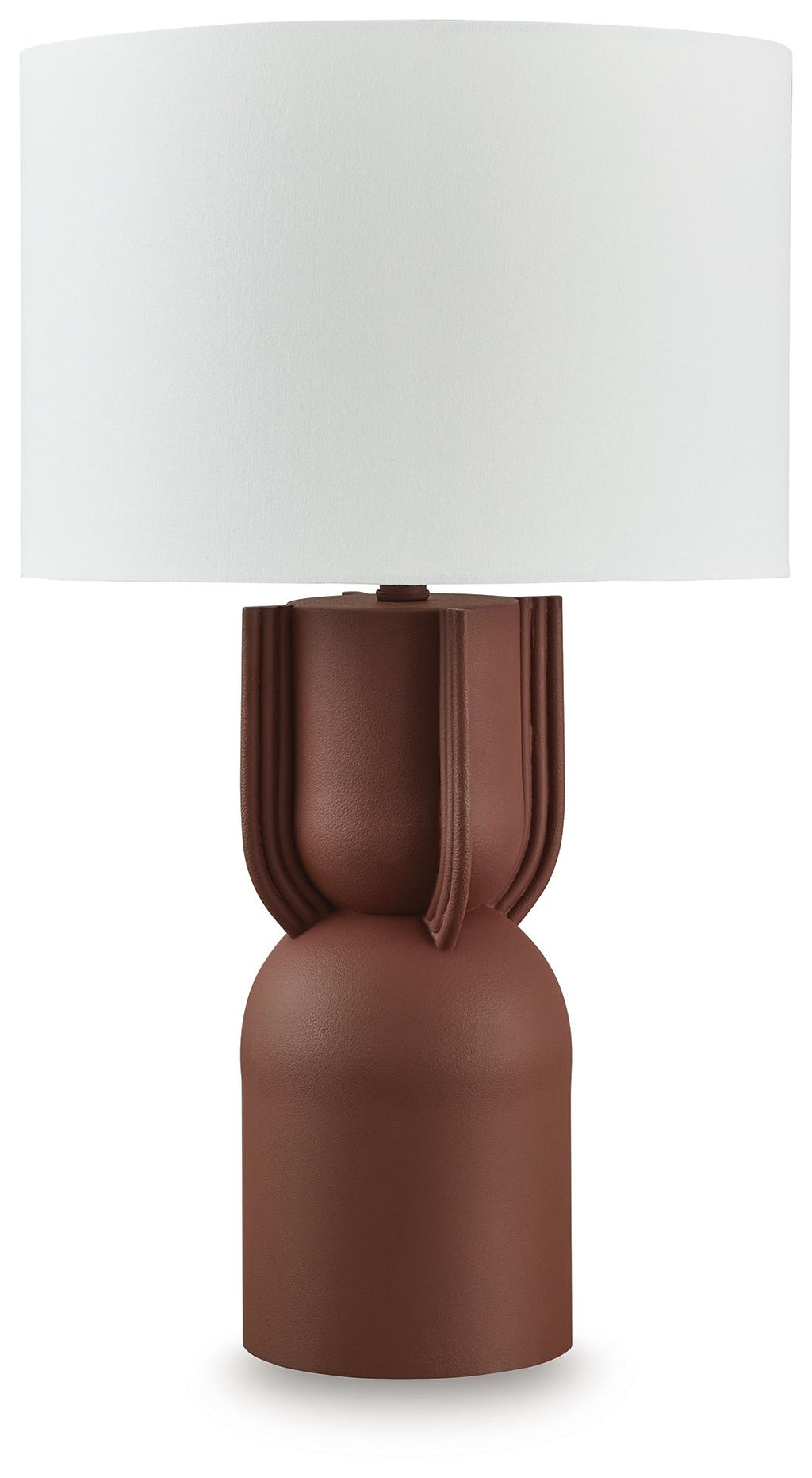 Brick-red metal table lamp with white drum shade and fluted base