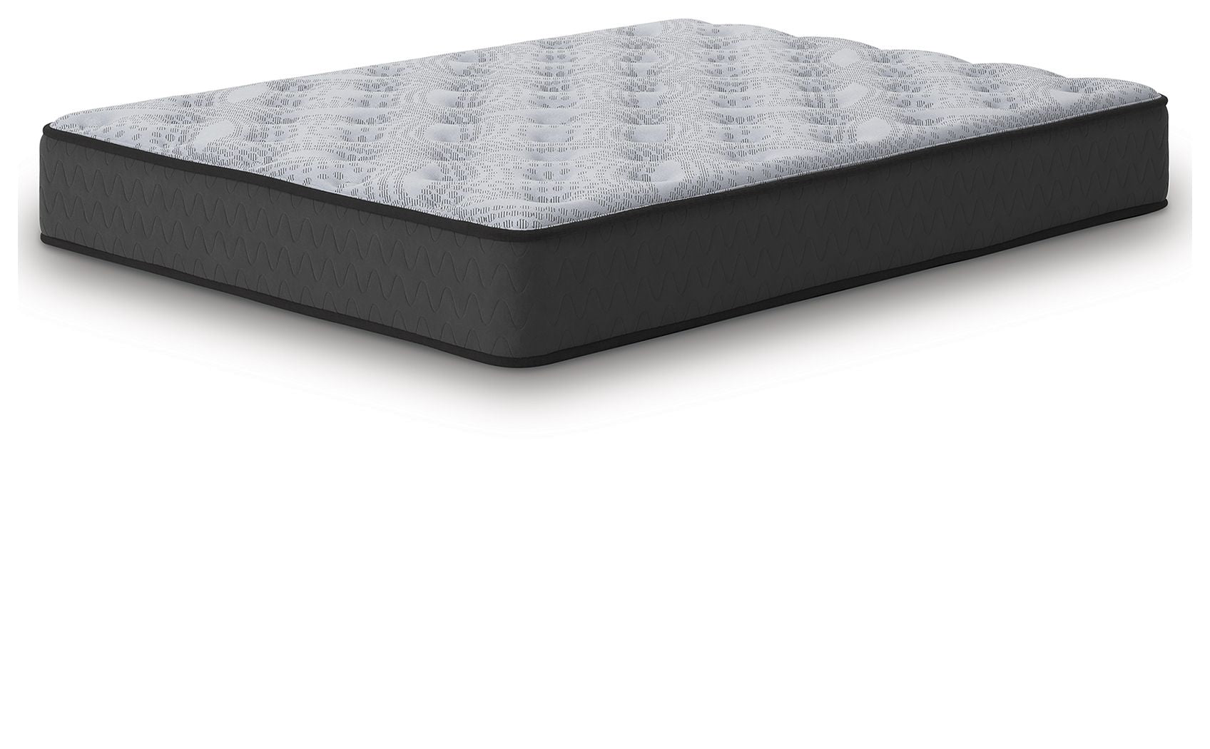 Gray mattress with quilted top and dark base, side angle view